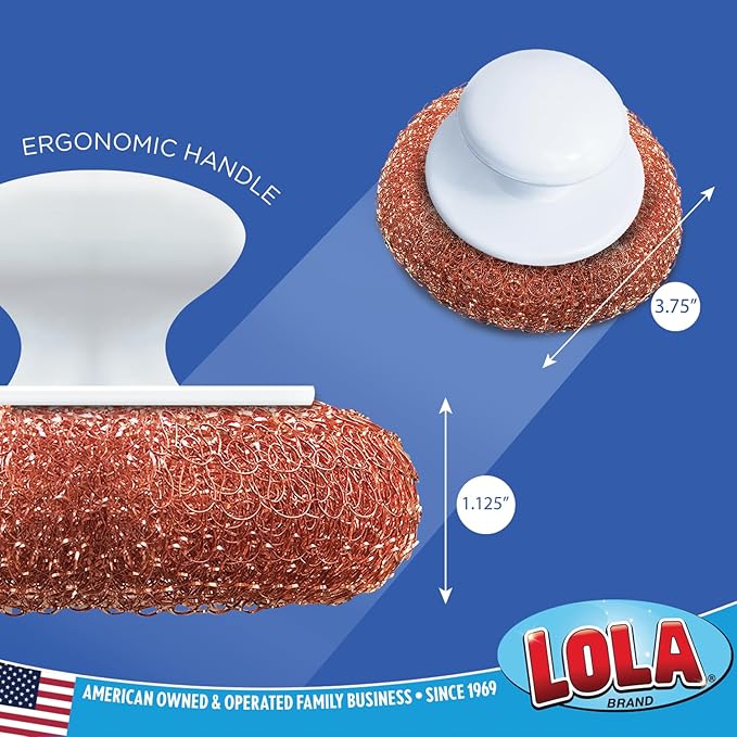 LOLA Copper Mesh Scouring Pad w/Comfort Knob, 144 Pack, Heavy Duty Cleaning Pads, Knitted Wire Mesh, Cleans Caked-On & Baked-On Messes