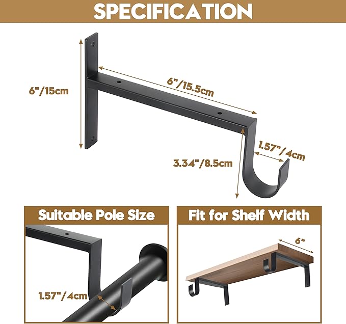AddGrace Heavy Duty Closet Rod and Shelf Brackets 6 Inch Wall Mounted Closet Rod Bracket with Pole Holder Shelving Support with Screws for Laundry (2 Pack)