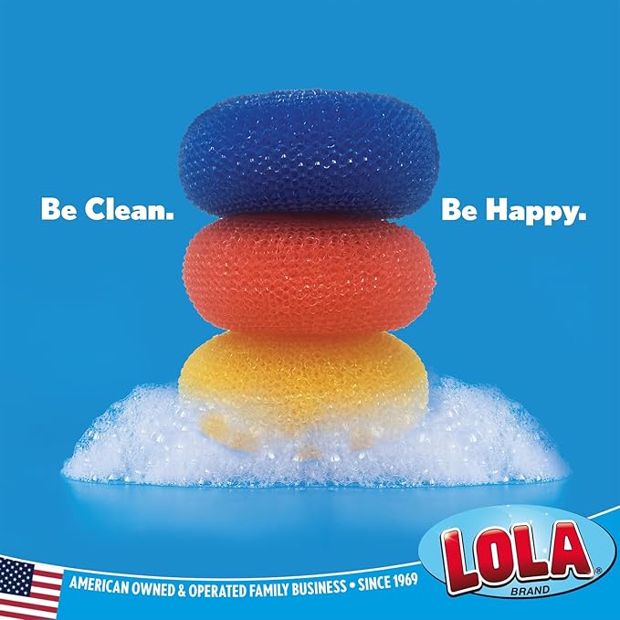 LOLA Plastic Mesh Scouring Pads - 3 Pack, 3.375" x 1.25", Non-Scratch Dish Scrubbers to Clean Dishes, Assorted Colors - Red, Blue & Yellow