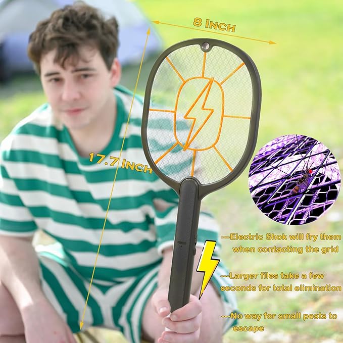 2 Pack Electric Fly Swatter 3000V Battery Powered Handheld Bug Zapper Racket 3-Layer Protection Grid Mosquito Zapper for Home Bedroom Kitchen Office Backyard Patio Indoor Outdoor
