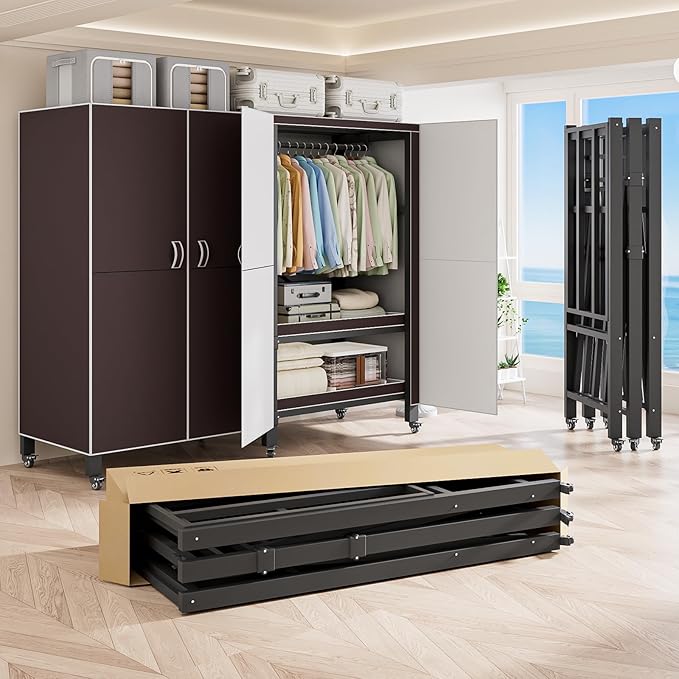 Heavy Duty Covered Clothes Rack with Magnetic Door Foldable Portable Wardrobe Closet for Hanging Clothing Rolling Black Metal Garment Rack on Wheels Closet System (Brown, 74.7in)