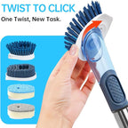 Soap Dispensing Scrub Brush - 4-in-1 Kitchen Cleaning Brush with Built-in Tank, Scraper Heads for Stubborn Grime on Pots Pans, Stand/Hang Storage-Blue