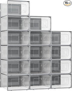 Foluck X-Large Shoe Storage Box, 15 Pack Clear Plastic Stackable Shoe Organizer for Closet, Interlocking Design Shoe Container Bins for Sneakers, Foldable Shoe Rack with Lids, Gray