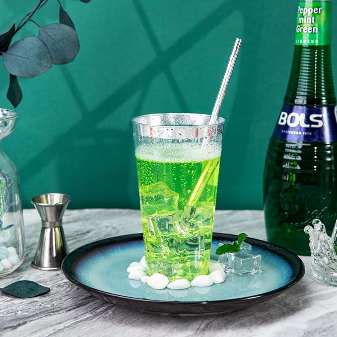 LIYH 100 Pcs 16 oz Silver Plastic Cups - Clear Plastic Tumblers with Silver Rim Big Size Fancy Disposable Clear Cups for Party & Wedding