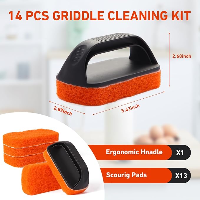 14-Piece Griddle Cleaning Kit for Blackstone and Camp Chef, Non-Scratch Scouring Pads for Cleaning Kitchen, Bathroom, Flat Top Grill Cleaning Kit with 13 Griddle Scrubber Pads with 1 Upgraded Handle