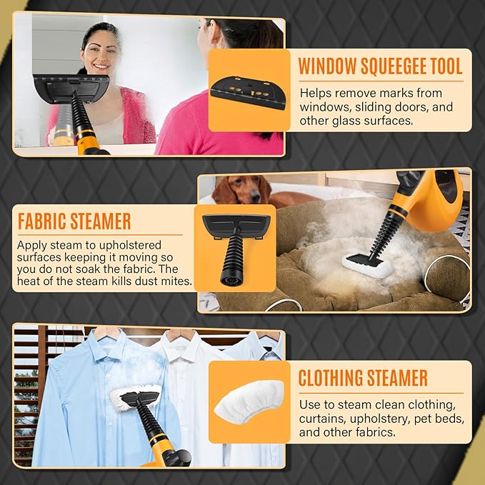Handheld Steam Cleaner, Pressurized Multi-Surface Steam Cleaner for Home Use with 11pcs Accessories, All Natural Steamer for Cleaning Tile, Grout, Grime, Grease, Window, Couch, Car, Bathroom, Kitchen
