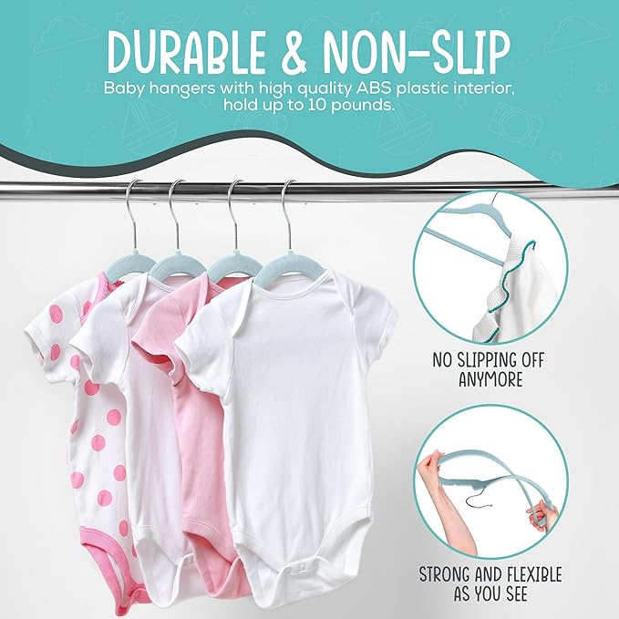 TechZoo 50 Pack Premium Baby Velvet Hangers (Blue) - 11.8" Inches Non-Slip, Ultra-Slim & Space-Saving Toddler Hangers - 360° Rotating Hook, Strong & Durable Hanger for Children, Infant & Toddler