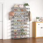 LANTEFUL 10 Tiers Shoe Rack 50 Pairs Large Capacity Tall Shoe Organizer Sturdy Shoe Storage with Two Hooks Space Saving Metal Wide Shoe Rack for Closet, Entryway, Bedroom, Grey