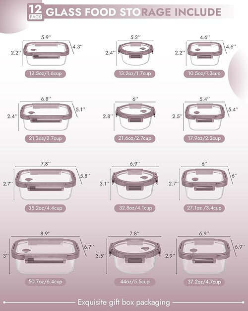 12-Pack Glass Containers with Tempered Lids – Borosilicate, Oven-Safe(-4°F~950°F), Airtight, BPA-Free, Multi-Size for Meal Prep, Dishwasher Safe (Pink)
