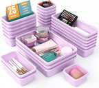 25 PCS Drawer Organizer Set, 4 Size Makeup Drawer Divider Organizer With Non-Slip Pads, Interlocking Plastic Storage Bins for Office,Jewelry Vanity,Gadgets, Bathroom,Kitchen, Purple