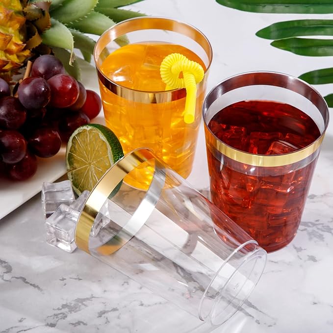 DaYammi 200 Pack Gold Plastic Cups 10 Oz Clear Plastic Cups Gold Rimmed Disposable Wine Glasses Heavy Duty Disposable Tumblers Drinking Cocktail Glasses for Party Wedding