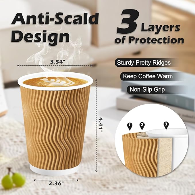 Lamosi Disposable Coffee Cups 12 OZ 100 Pack, Paper Coffee Cups 12 OZ for Hot Drinks or Cold Beverages, Insulated Corrugated Ripple Wall Cup No Lids for Office, Cafe, Home or Travel (Champagne)