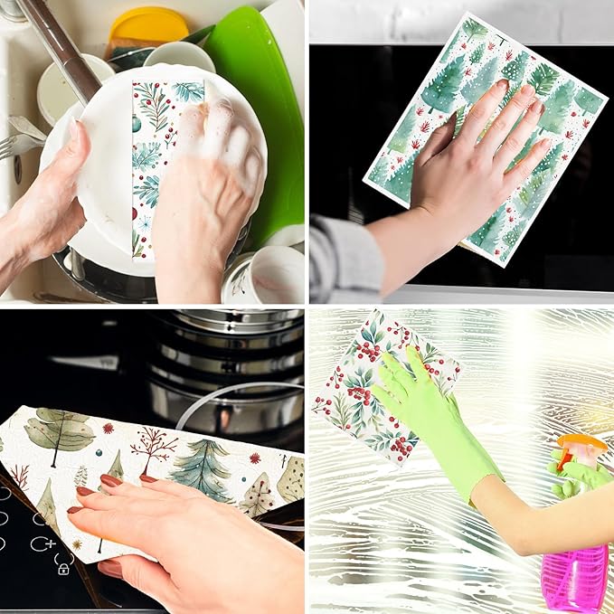 Christmas Swedish Dishcloths for Kitchen - 6PCS Christmas Forest Swedish Cloths for Washing Dishes, Santa Reusable Dish Towels, Pine Tree Washable Cleaning Sponge Gifts for Home Quick Drying