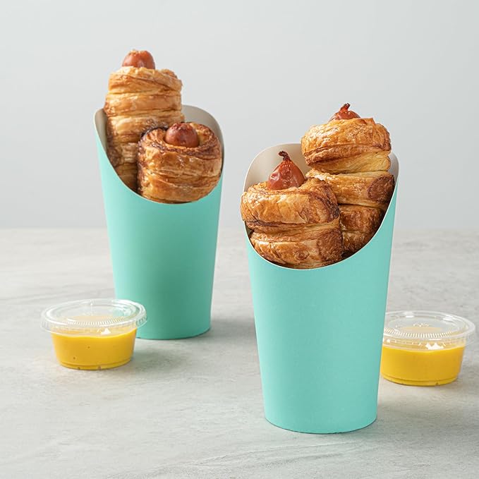 Restaurantware Bio Tek 16 Ounce French Fry Containers 100 Disposable Charcuterie Cups - Incline Design Round Turquoise Paper French Fry Cups Stackable For Waffles Chips or Popcorn