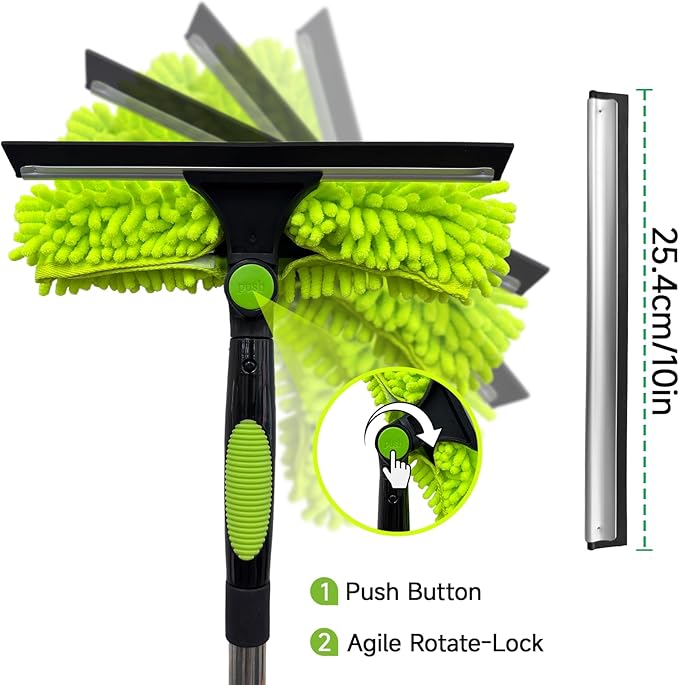 67'' Window Squeegee Cleaner Tool with Extension Pole, 2-in-1 Squeegee for Window Cleaning Kit with Scrubber and Rotating Head, 2 Blade 2 Scrubber for Indoor & Outdoor High Windows