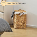 Round Water Hyacinth Laundry Hamper with Lid Handwoven Wicker Basket with Handles for Dirty Clothes, Storage, and Organization, No Assembly Required, 40L