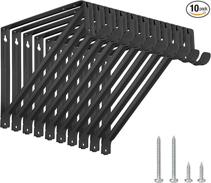 10 Pack Heavy Duty Closet Shelf & Rod Brackets, Wall Mounted Closet Shelf Brackets, 11 x 9.45 Inch Closet Shelf Brackets with Rod Support, Black