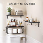 Amada Bathroom Shelves Over Toilet with Storage Basket, Floating Wall Shelf for Home Organization & Wall Decor, Bathroom/Kitchen/Living Room Shelves–Black