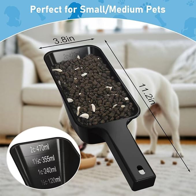 Food Scoop 2 PACK,2 Cup Capacity Dog Food Scooper With Measuring Lines For Dog, Puppy and Cat Coffee Bean Scoop, Flour Scoop (Large Black)