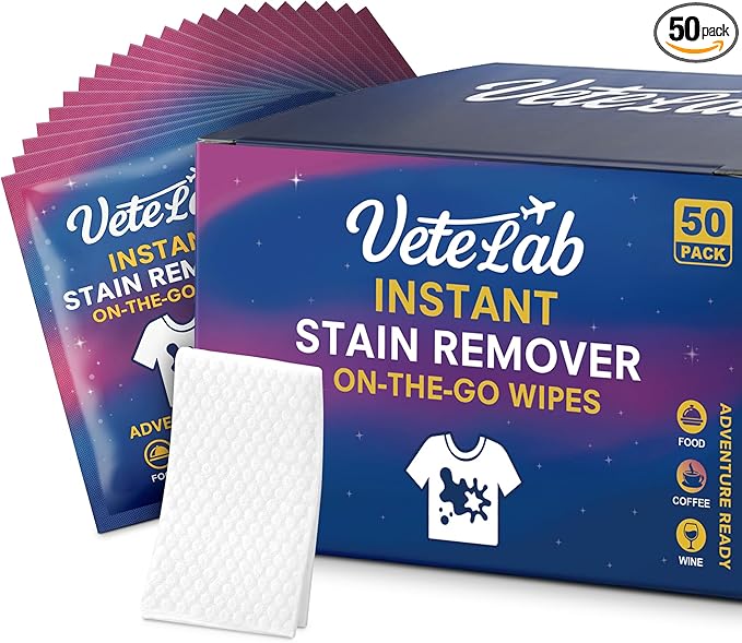 Instant Stain Remover Wipes for Clothes - Individually Wrapped Travel Spot Cleaner, Pocket-Size Laundry Wipes for Coffee, Food & Makeup Stains, Safe on Machine Washable Fabrics (50 Pack)