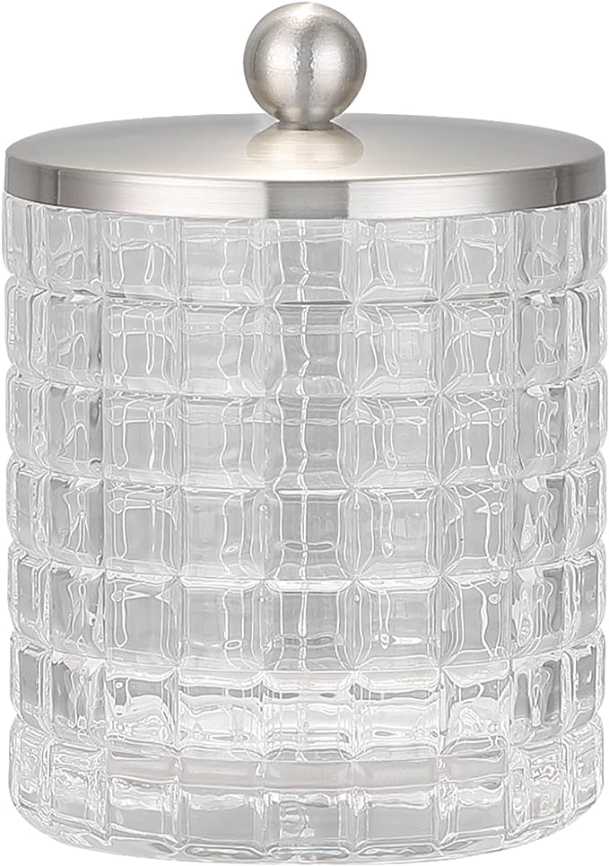 Clear transparent Apothecary Etched Geometric Grid Glass Jar W/Satin Nickel Metal Lid Cover for Bathroom Organization, Cotton Balls, Q Tips, and Small Accessories, Bathroom Storage