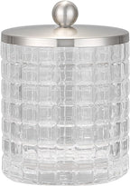Clear transparent Apothecary Etched Geometric Grid Glass Jar W/Satin Nickel Metal Lid Cover for Bathroom Organization, Cotton Balls, Q Tips, and Small Accessories, Bathroom Storage