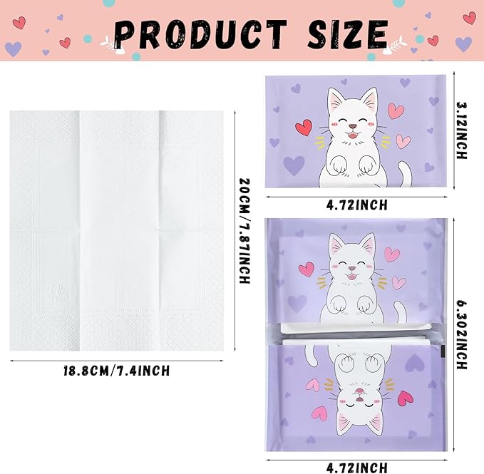 PerKoop 100 Pack Pocket Tissues Travel Slim Packs Small Facial Tissues Wallet Size Toilet Paper for Travel Guest Wedding Supplies, 4 Styles(Cat)
