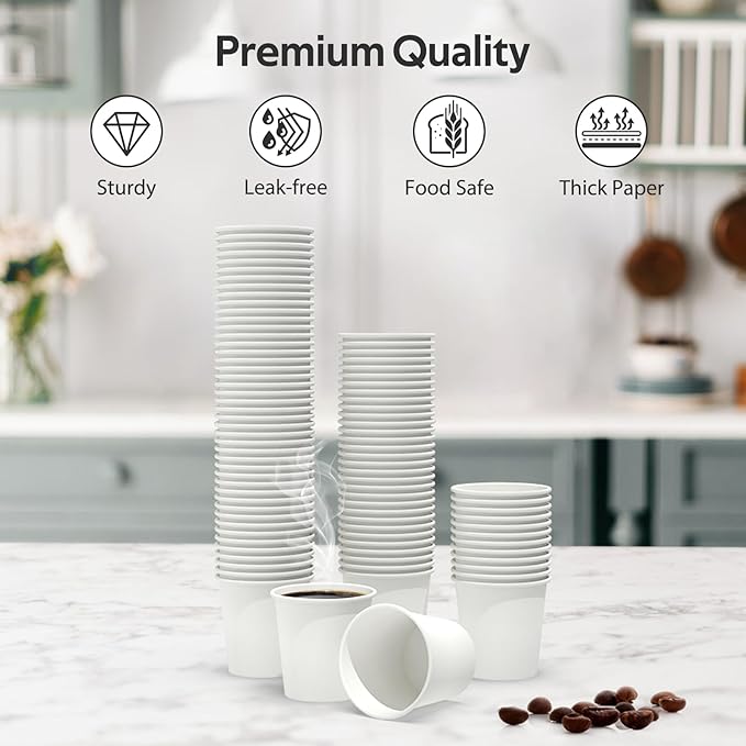 100 Count 4 oz Coffee Cups, Leak-Free Food Safe Paper Cups 4 oz, Disposable 4oz White Paper Cups for Cold and Hot Drinks