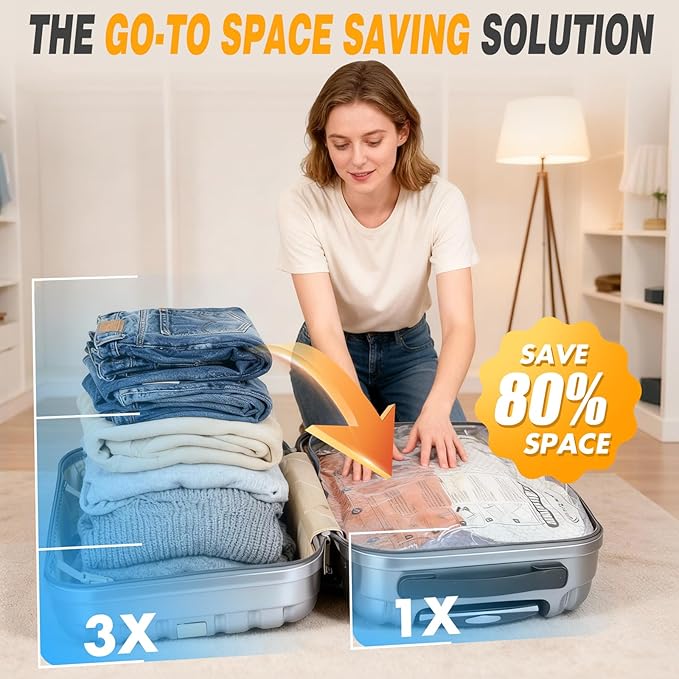 Travel Vacuum Storage Bags with Pump, Carry-on Luggage Compression Bags + Portable Electric Pump, 80% Space Saver for Clothes, Vacuum Seal Bags for Clothing Packing Travel, Pack of 15