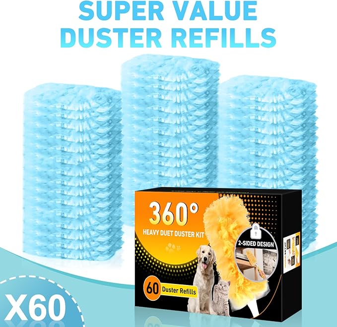 60 Count Heavy Duty Duster Refills for Swiffer, Multisurface 360° Larger Size Dusters with 4X Microfibers, Disposable Dusters for Pet, Cleaning Home, Blinds, Fans, Corners (60 pcs-Blue)