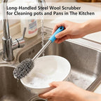 3-Pack Steel Wool Scrubber with Long Handle, Kitchen Dishwashing Pot Scrubber for Deep Cleaning