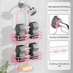 DAOYA Pink 3-Tier Over Head Shower Caddy with Soap Holder & 6 Hooks - Hanging Shower Caddy for Bathroom Organizer