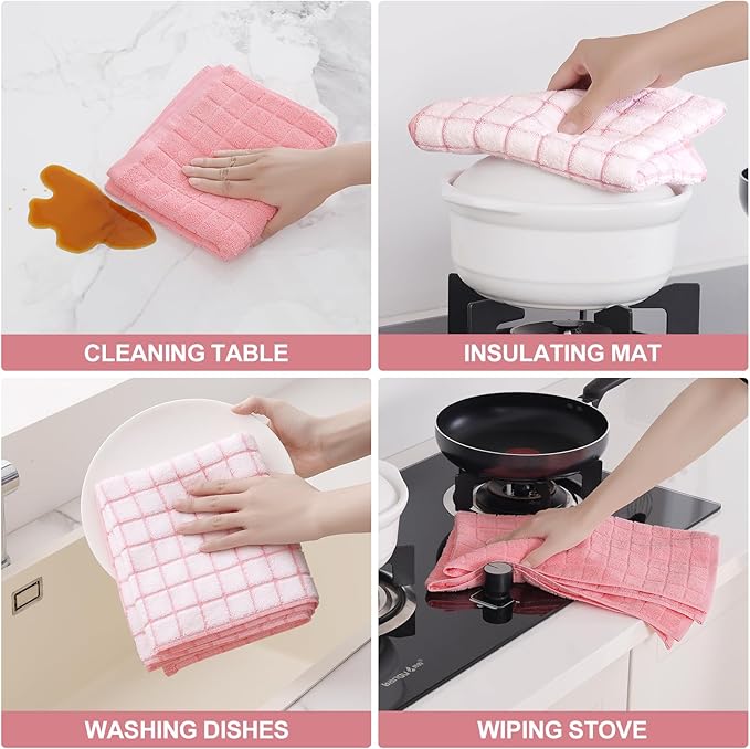Homaxy Premium Cotton Kitchen Towels 16"x 28", Large Natural Ring Spun 390 GSM Dish Towels, Super Absorbent Terry Kitchen Hand Towels, Soft Tea Towel with Hanging Loop, Pink Check Design, 8 Pack
