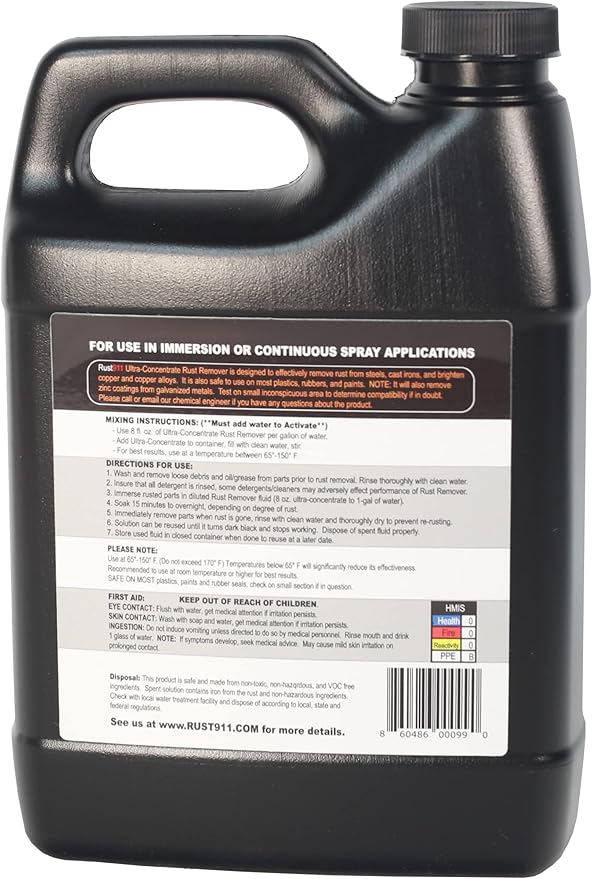 Rust911: Makes 8-Gallons of Rust Remover Dissolver - Economical, Safe-to-Use, No Acids - Fast Rust Removal Without Sanding or Harsh Chemicals: Ultra-Concentrated 1/2-Gallon Bottle