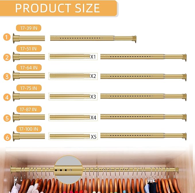 1.3 Inch Diameter Closet Rods for Hanging Clothes 17-100 Inch Adjustable, Metal Heavy Duty Closet Pole, Gold Closet Bar for Hanging Clothes, Suitable for Closet, Wardrobes, Bathroom, Windows