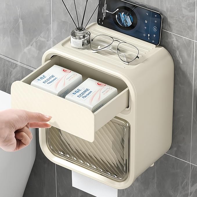 Wall-Mounted Tissue Box – Plastic Bathroom Toilet Paper Holder with Phone Shelf