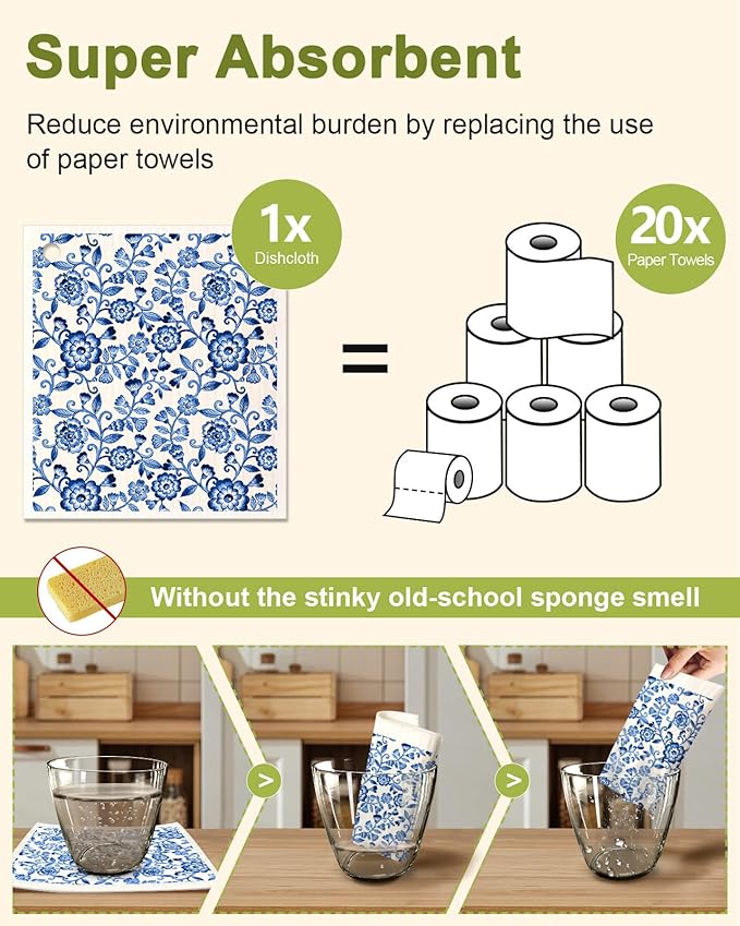 6 Pack Swedish Dishcloths for Kitchen - Reusable Dish Cloths for Washing Dishes Absorbent Cute Funny Kitchen Towels Cleaning Sponge, Blue Floral