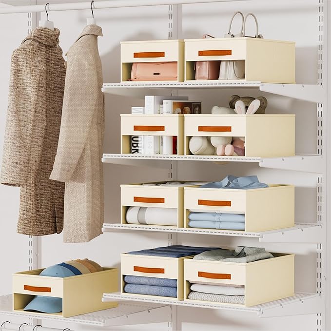 Homsorout Drawer Organizers and Storage - 12 Pack Foldable Pants Organizer with Clear Window & Handles, Fabric Closet Organizer for Clothes, Jeans, Sweaters, Towels, T-shirt, Scarf (Beige)