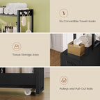 UPOSOJA Over The Toilet Storage Cabinet with Pulley, Bathroom Organizer W/6 Hooks for Restroom, Laundry, Plant Stand (Black)