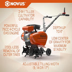 NOVUS 2 in 1 Gas Tiller Cultivator with 79cc 4-Cycle Engine, 9"-17" Tool-Free Tilling Width Adjustment, 24 Steel Tines, Never-Flat Wheels,Front Tine Gardon Tiller for Lawn, Field Soil Cultivation