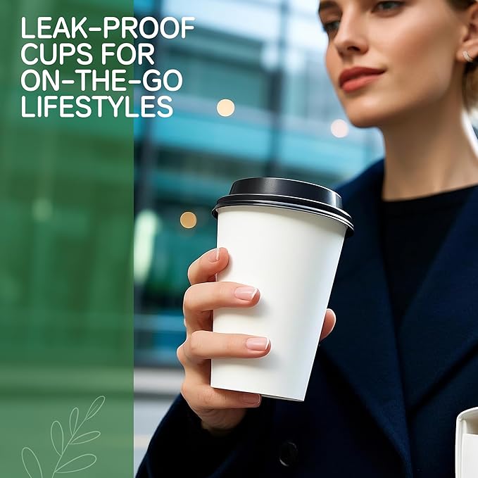 16 oz Coffee Cups with Lids 100 Pack,White Leak-Proof Disposable Coffee Cups for Hot/Cold Beverages, Party Supplies, To-Go Paper Cups for Coffee, Tea, Office, Picnic