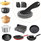 SUBEKYU Cast Iron Scrubber with Silicone Handle, Stainless Steel Skillet Cleaner for Cast Iron Pans (Black Scrubber + Scraper)