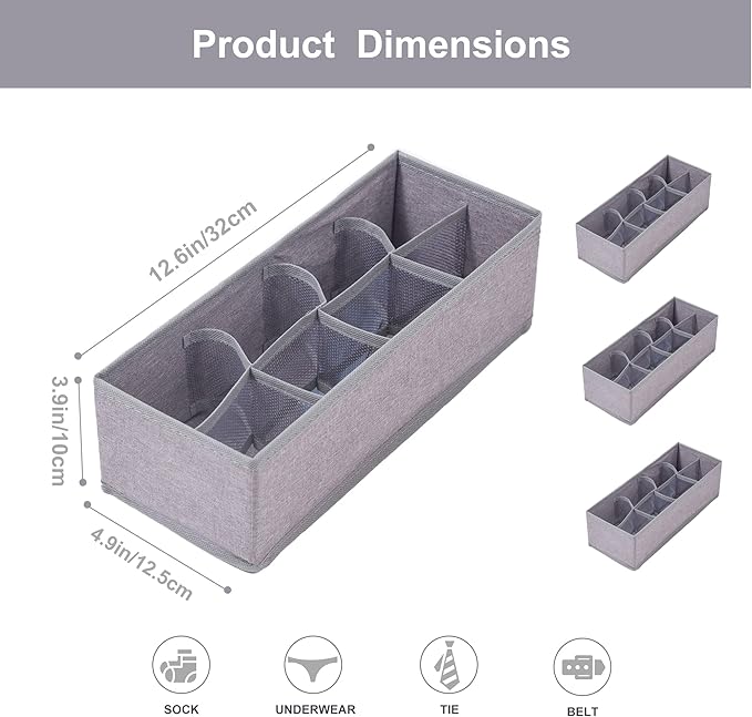 Qozary 3 Pack Sock Underwear Drawer Organizer Dividers, Collapsible Cabinet Closet Storage Boxes for Clothes, Socks, Lingerie, Underwear, Tie, Belt, Baby, Bedroom