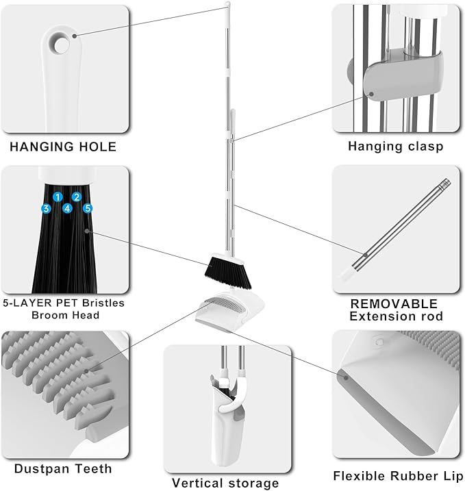 Broom and Dustpan Set, Broom Dustpan Combo Set for Home 52-in Long Adjustable Handle Broom with Dustpan Teeth to Clean Hair for Home Office Kitchen Lobby(White)