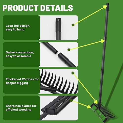 2 in 1 Hoe Garden Tool, 12 Tines Cultivators for Gardening, Weed Puller Tool with 76" Long Handle for Gardening, Weeding, Seeding, Ditching, Loosening