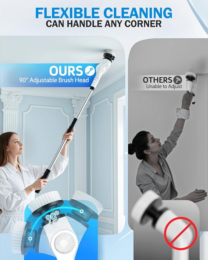 Electric Spin Scrubber, 3-Speed Cordless Shower Scrubber with Long Handle & 10 Replaceable Brush Heads, 90 Mins Runtime & Full-Body IPX7 Waterproof Shower Cleaner Brush for Bathroom Kithchen