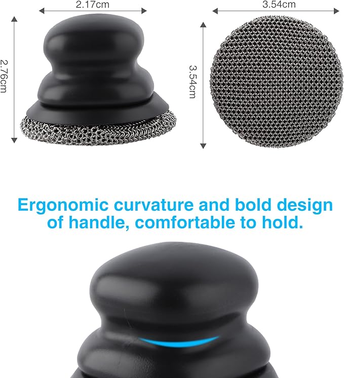 Upgraded Cast Iron Cleaner Brush with Heavy Duty Handle, Chain Mail Cast Iron Skillet Pan Scrubber for Griddle Cleaning Brush with Pan Grill Scrapers