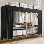Heavy Duty Portable Closet with Cover 1200Ibs Foldable Covered Clothes Rack for Hanging Clothes Armoire Wardrobe Closet System Freestanding Coat Storage Garment Racks (150cm/59in（black）)