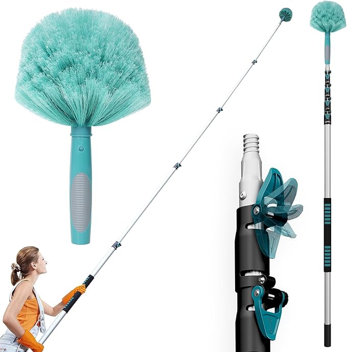 TelesPro 30 Feet High Reach Cobweb Duster with 6-24Ft Extension Pole, Webster Cobweb Duster with 5-Stage Telescopic Aluminum Pole, Spider Web Brush for Outdoor & Indoor Cleaning - Soft Bristles.