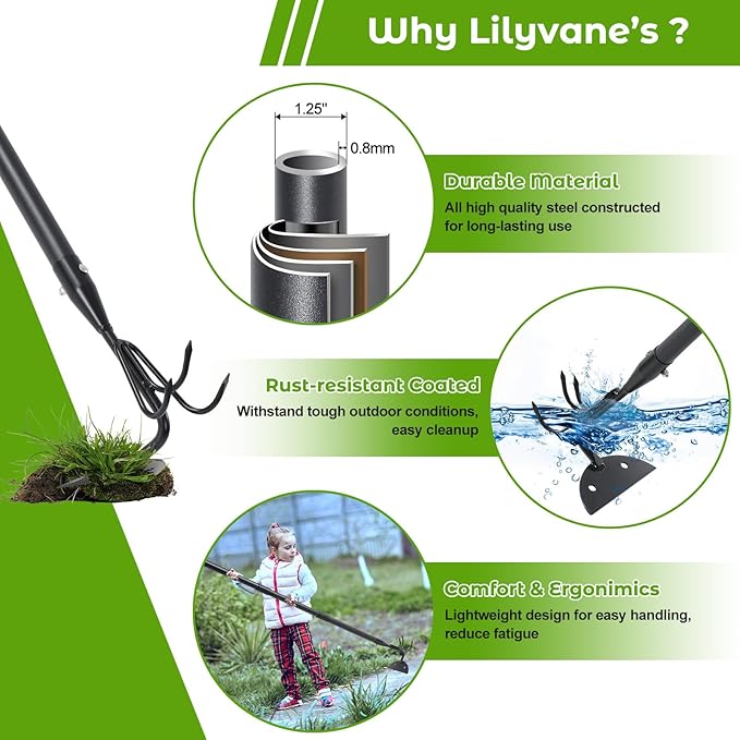 Lilyvane Garden Hoe, 2 in 1 Weeding Hoe and Cultivator Soil Tiller, 66" Long, Heavy Duty Hoe Garden Tool for Weeding, Loosening Soil, Cultivating, Gardening